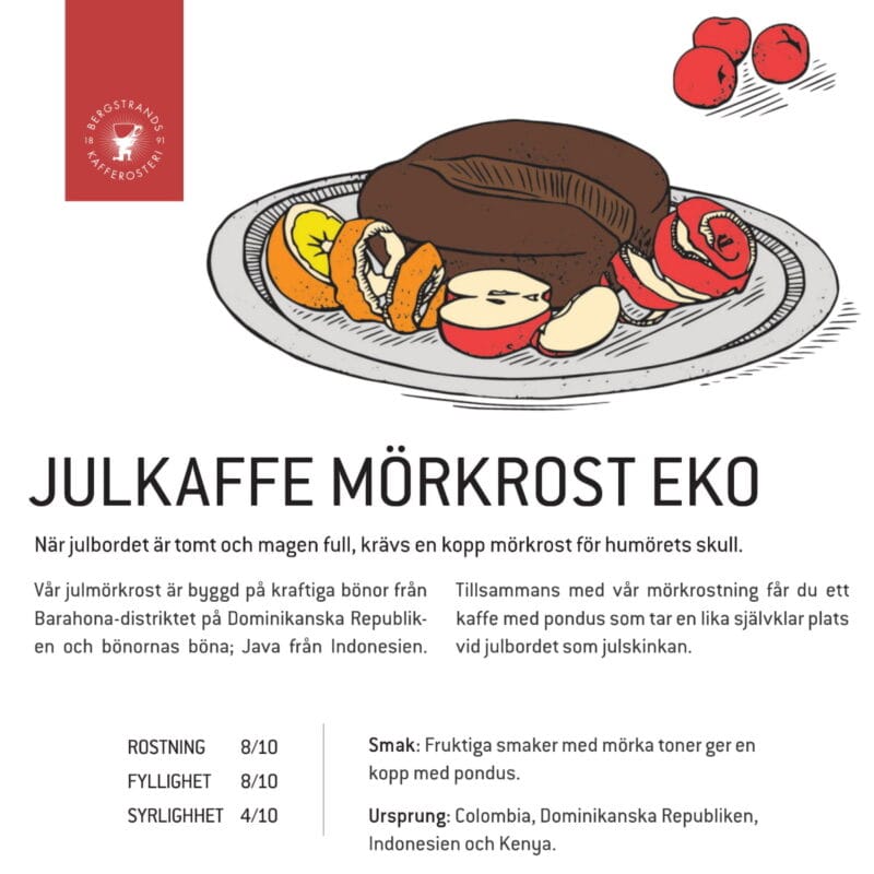 Julkaffe-mörkrost-bergstrands-kafferosteri Mörkrostat ekologiskt julkaffe från Bergstrands Kafferosteri. När julbordet är tomt och magen full, krävs en kopp mörkrost för humörets skull. Julkaffet med pondus som förtjänar en lika självklar plats vid julbordet som julskinkan.
