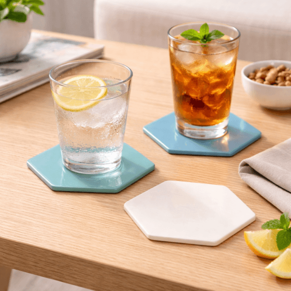 Stilrena glasunderlägg i keramik som skyddar bordet och lyfter dukningen. Hexagonform i fina färger. Set om 3, passar även för blockljus.