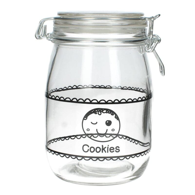 Glasburk med snäpplock. Prytt med glatt motiv och texten "Cookies". Mått 13x11x17 cm.