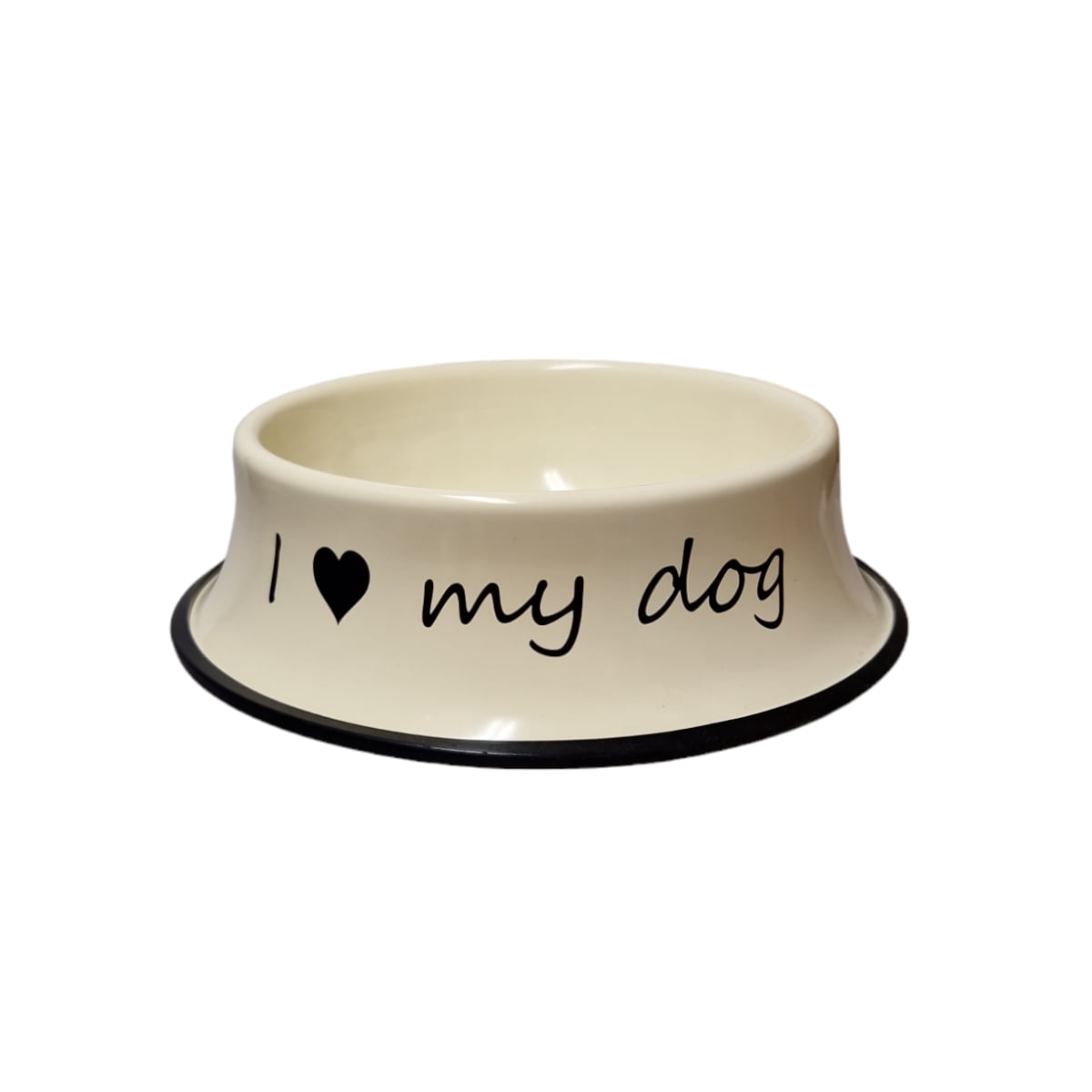 Hundskål i metall med praktisk gummilist i botten som förhindrar att den glider. En fin skål till din pälskling med den självklara texten I love my dog. Diameter 23,5 cm, höjd 6,5 cm.
