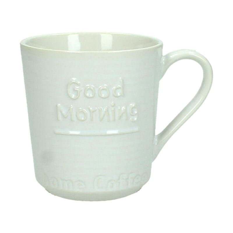 Starta dagen med en mugg som hälsar dig välkommen till morgonen. Denna vita keramikmugg har en inbjudande design med texten Good Morning i relief.
