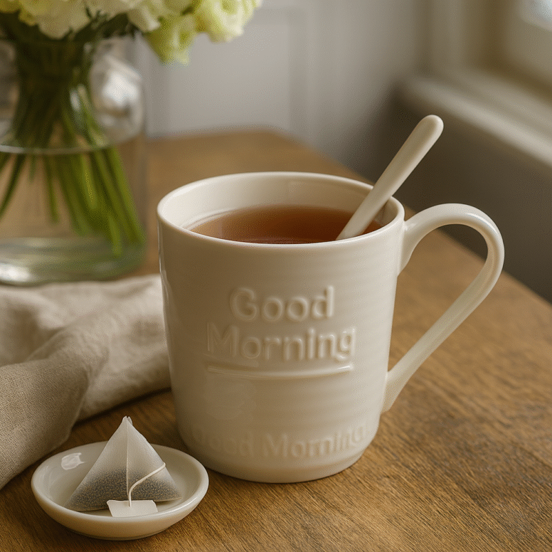 Starta dagen med en mugg som hälsar dig välkommen till morgonen. Denna vita keramikmugg har en inbjudande design med texten Good Morning i relief.