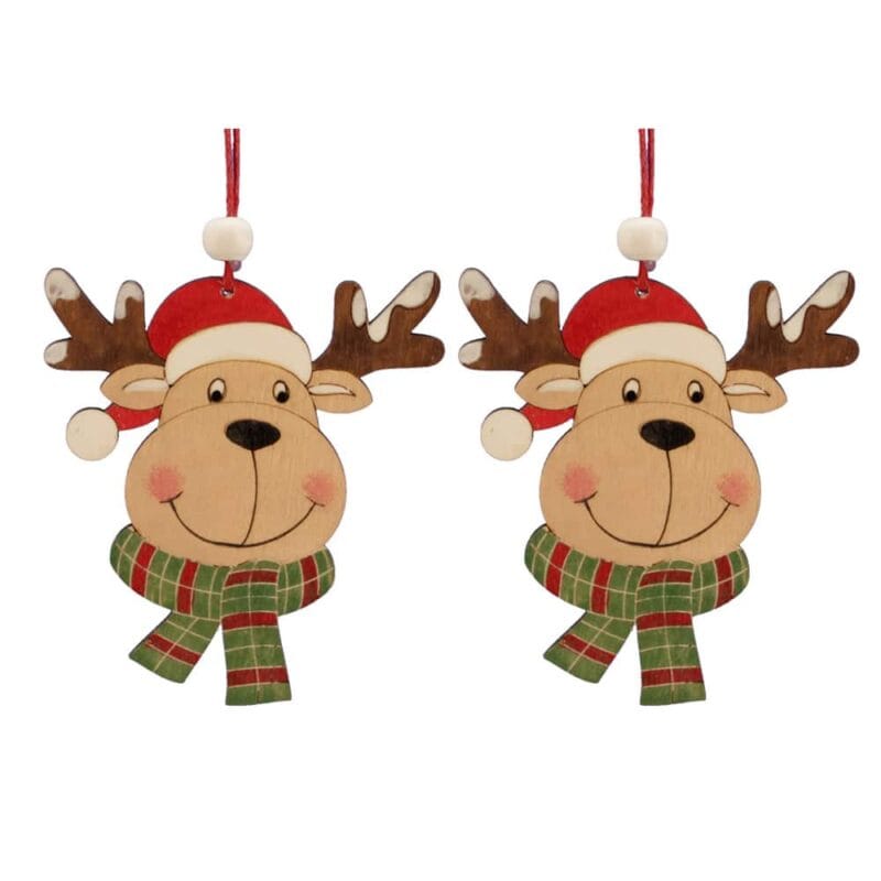 Hängdekoration i trä i form av en ren, mått 8,5 cm. Set om två st.