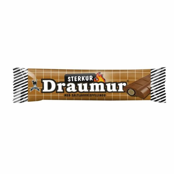 Nu finns populära Draumur även som Sterkur Draumur! Inuti en härligt god bit mjölkchoklad finns en lakrisstång som fyllts med salt salmiakpulver. Mmmmm....