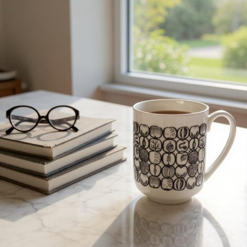 Mugg i porslin med mönstret Fruktlåda i svart som designades av Stig Lindberg. Muggen rymmer 320 ml. Höjd 9,5 cm, diameter 8,5 cm. Tål maskindisk och mikro.