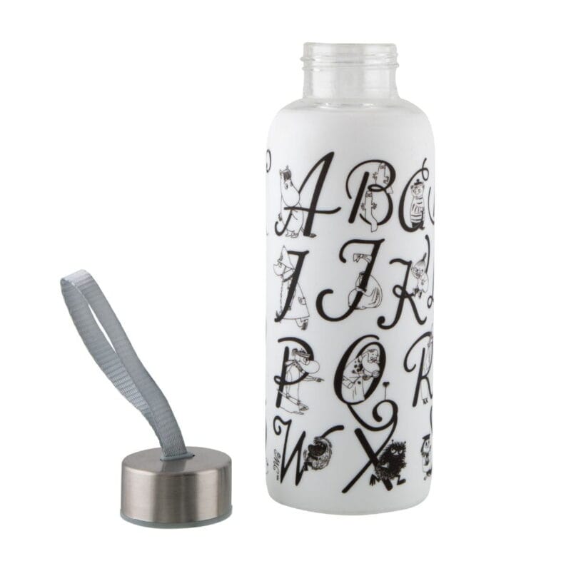Vattenflaska med silikonskydd och Muminmotivet ABC.