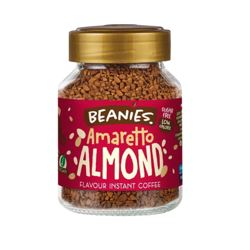 Amaretto-Beanies Denna söta kombination av amaretto och subtil mandel öppnar för en njutningsfull kaffestund, utan vare sig alkohol eller socker, it's a winner! Snabbkaffe från Beanies med smak av amaretto och mandel.