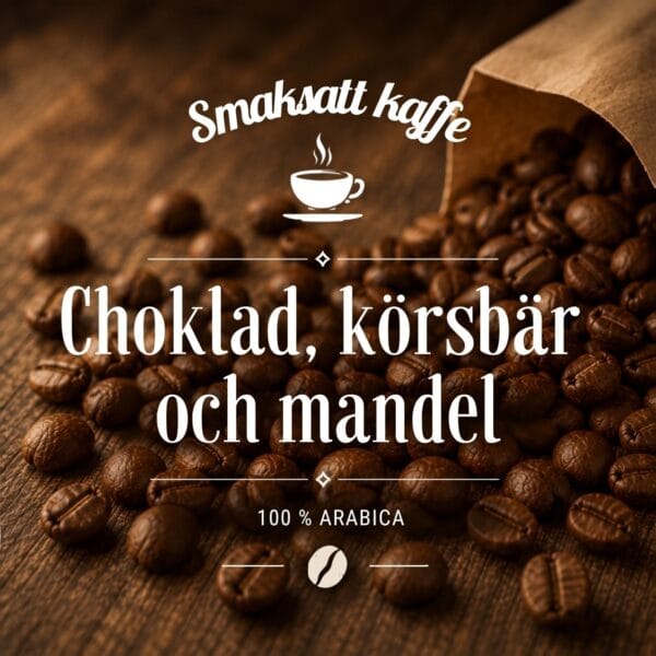 Choklad, körsbär och mandel är ett smaksatt kaffe av 100 % Arabica med fyllig choklad, mogna körsbär och en fin ton av mandel. Som en liten chokladpralin.