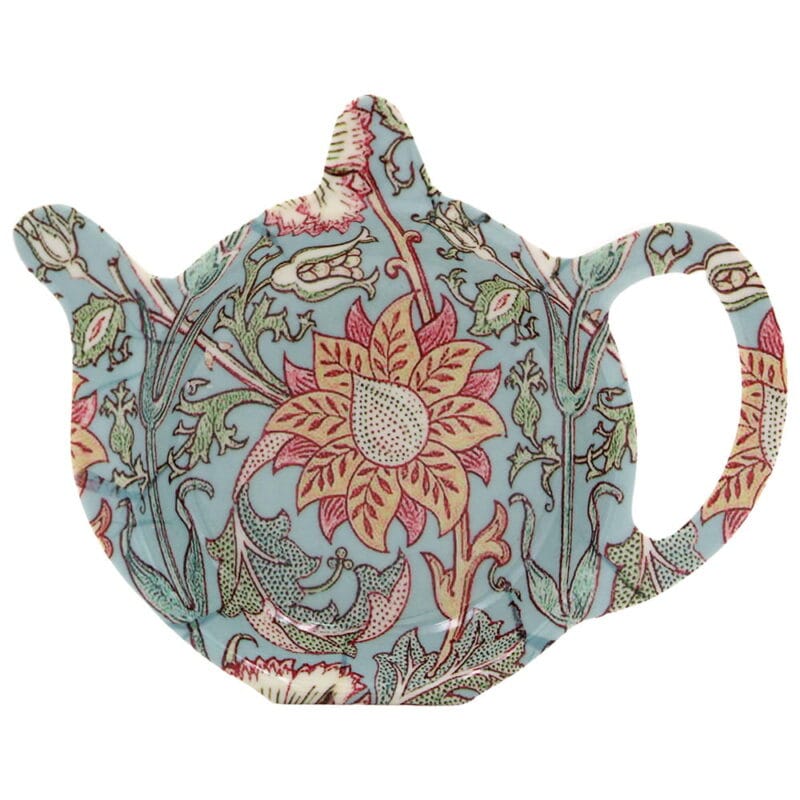 Fat i melamin för tepåse eller tesil, dekorerat med mönstret Pink and Rose av William Morris. En praktisk detalj för testunden.