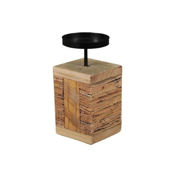 Ljusstake för blockljus i svart metall och trä 8,5x8,5x16,5 cm