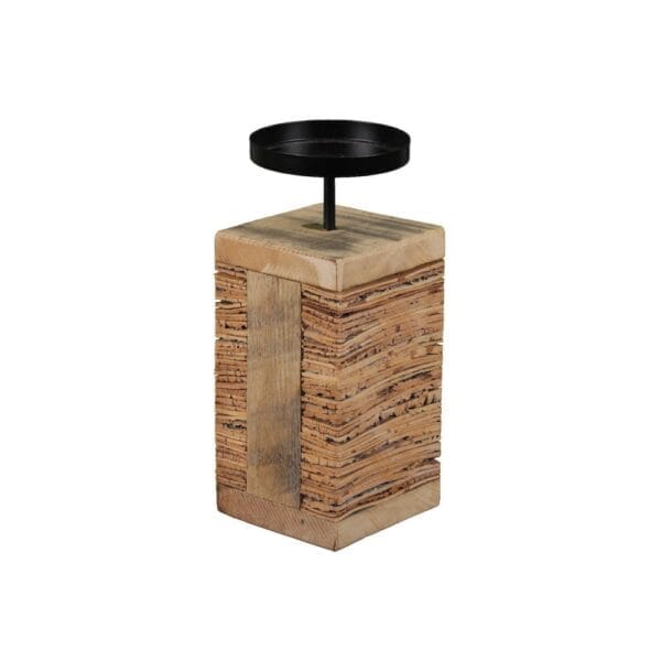 Ljusstake för blockljus i svart metall och trä 8,5x8,5x19,5 cm