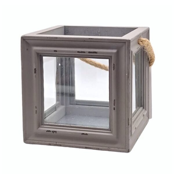 Ljuslykta i gråmålat trä och glas 14 cm