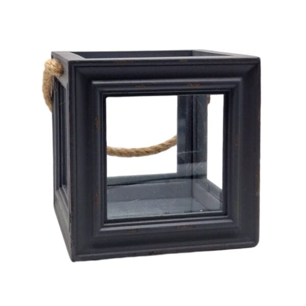 Ljuslykta i mörkgråmålat trä och glas 14 cm