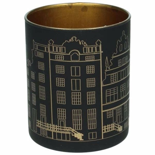 Ljuslykta hus svart/guld, 11 cm