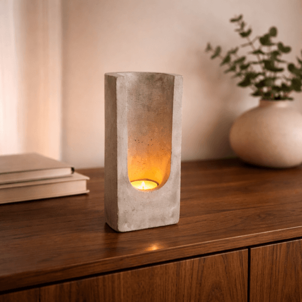 Stilren ljusstake i rå betong för värmeljus. En modern och dekorativ inredningsdetalj som sprider ett varmt sken och passar fint på bord eller sideboard.
