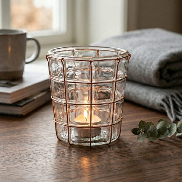 Ljuslykta i glas med dekor av kopparfärgad metalltråd.Mått: 8,5x8,5x9 cm