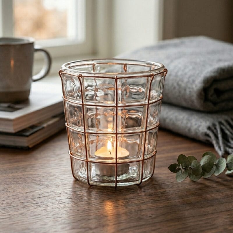 Ljuslykta i glas med dekor av kopparfärgad metalltråd.Mått: 8,5x8,5x9 cm