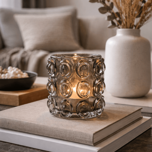 Ljuslykta i gråtonat glas med reliefmönster. Tung och gedigen modell som ger ett mjukt, dämpat sken. Ø 10 cm, höjd 11 cm.