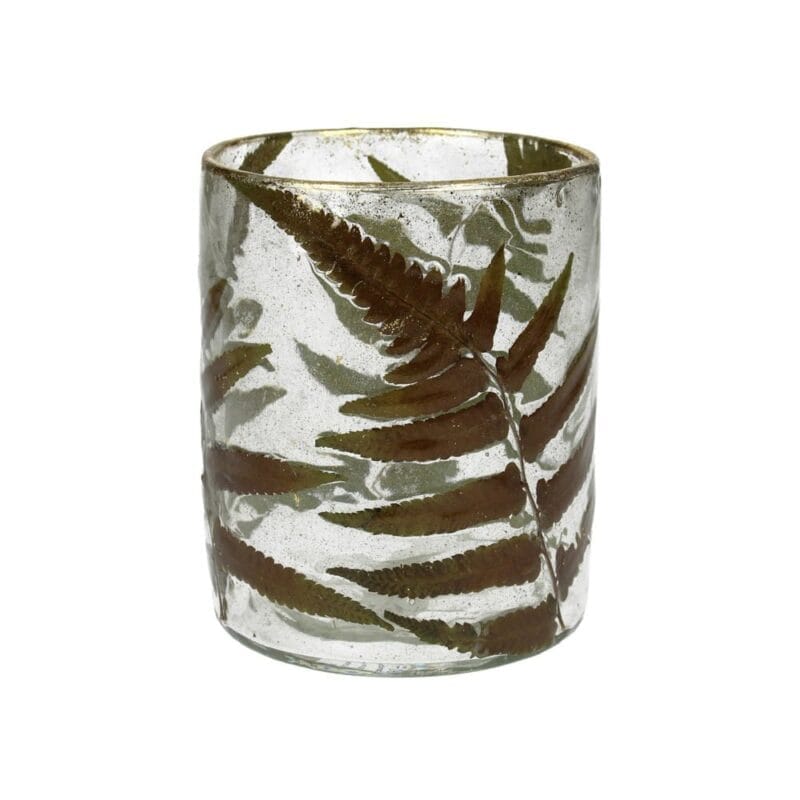 Vacker ljuslykta i glas med ingjutna växter som skapar ett levande och naturligt mönster. Ger ett mjukt sken med värmeljus. Diameter 10 cm, höjd 13 cm.