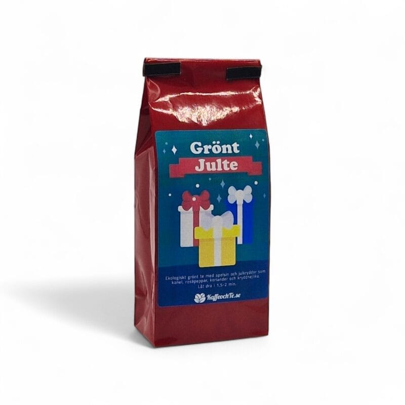 Grönt julte i fin julröd förpackning. Här har du ett gott julte som du kan njuta av i juletider. Presenttips! Julte är även en fin och god present.