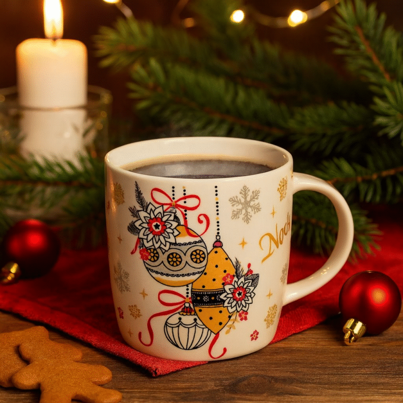 Julmugg i keramik med motiv av julkulor, snöflingor och texten Noel. Höjd 9 cm, perfekt för kaffe, te, varm choklad eller glögg.