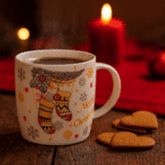 Julmugg i keramik med motiv av julstrumpor, snöflingor och texten Merry Christmas. Höjd 9 cm, perfekt för kaffe, te, varm choklad eller glögg under vinterns mysiga stunder.