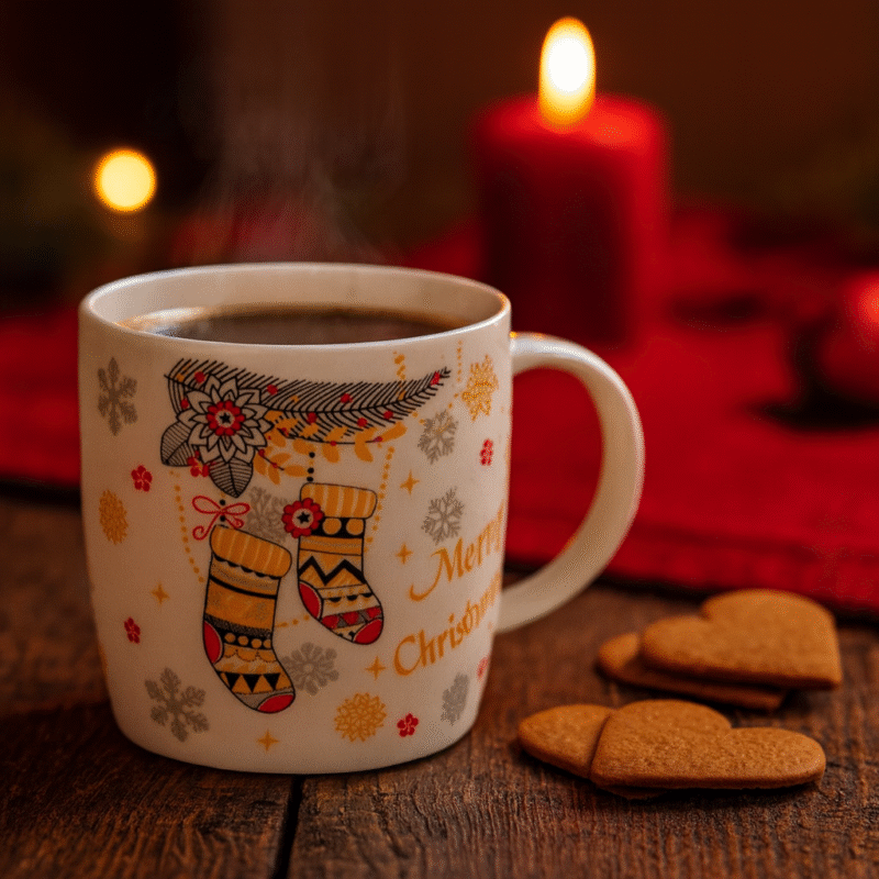 Julmugg i keramik med motiv av julstrumpor, snöflingor och texten Merry Christmas. Höjd 9 cm, perfekt för kaffe, te, varm choklad eller glögg under vinterns mysiga stunder.
