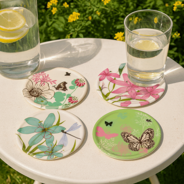 Coasters i melamin med fjärilar och blommor, 4-pack. Färgglada glasunderlägg som skyddar bordet och ger en somrig, naturnära känsla till dukningen.