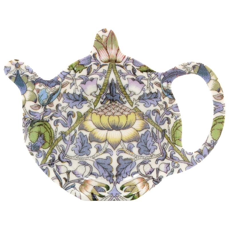 Fat i melamin för tepåse eller tesil, dekorerat med mönstret Lodden av William Morris. En praktisk detalj för testunden som håller bordet fritt från spill.