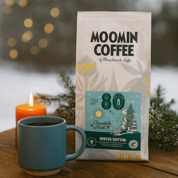 Moomin Coffee Winter Edition – smaksatt vinterkaffe med mint och choklad. En säsongsutgåva från Bergstrands Kafferosteri som sprider värme i vintermörkret.
