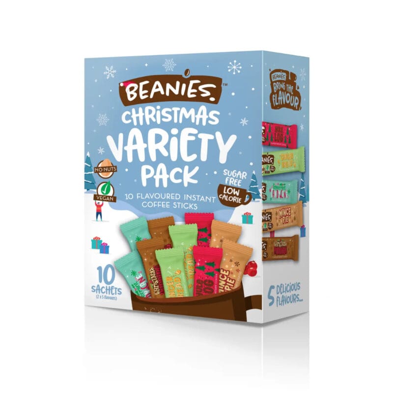Beanies-Christmas-Variety-Pack Har du svårt att bestämma dig för en smak eller är du nyfiken på smaksatt snabbkaffe? Då är Beanies Prova på förpackning något för dig. Nu med smaker som passar till jul.