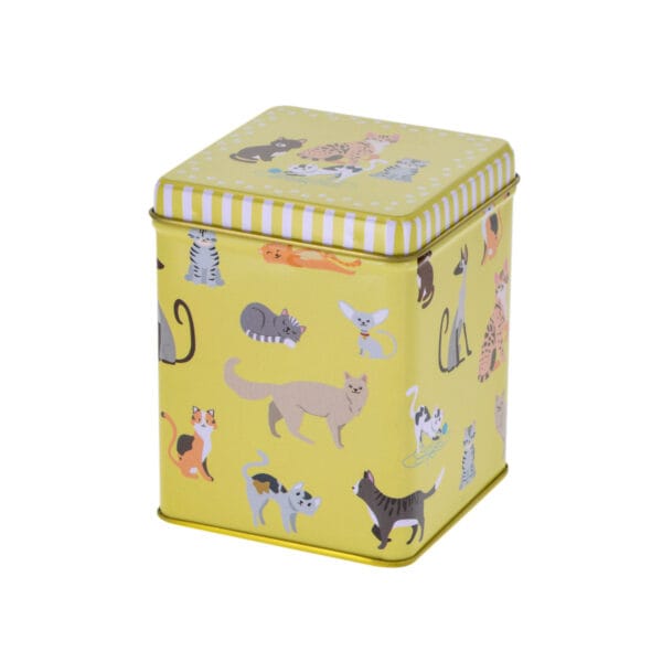 Söt teburk i plåt med motiv av coola katter. Det tätslutande sliplocket håller ditt te fräscht längre. Passar utmärkt för ca 100 g te.