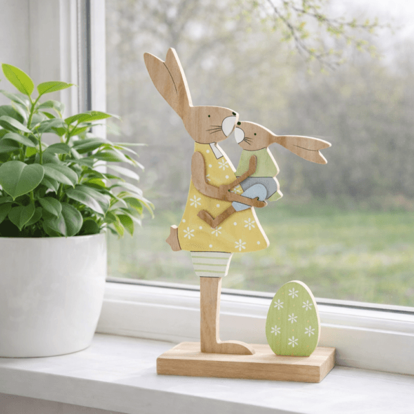 Träkaniner 32 cm i mjuka pasteller. Dekorativ påskfigur i trä som sprider vårkänsla, fina i fönster eller på bord.
