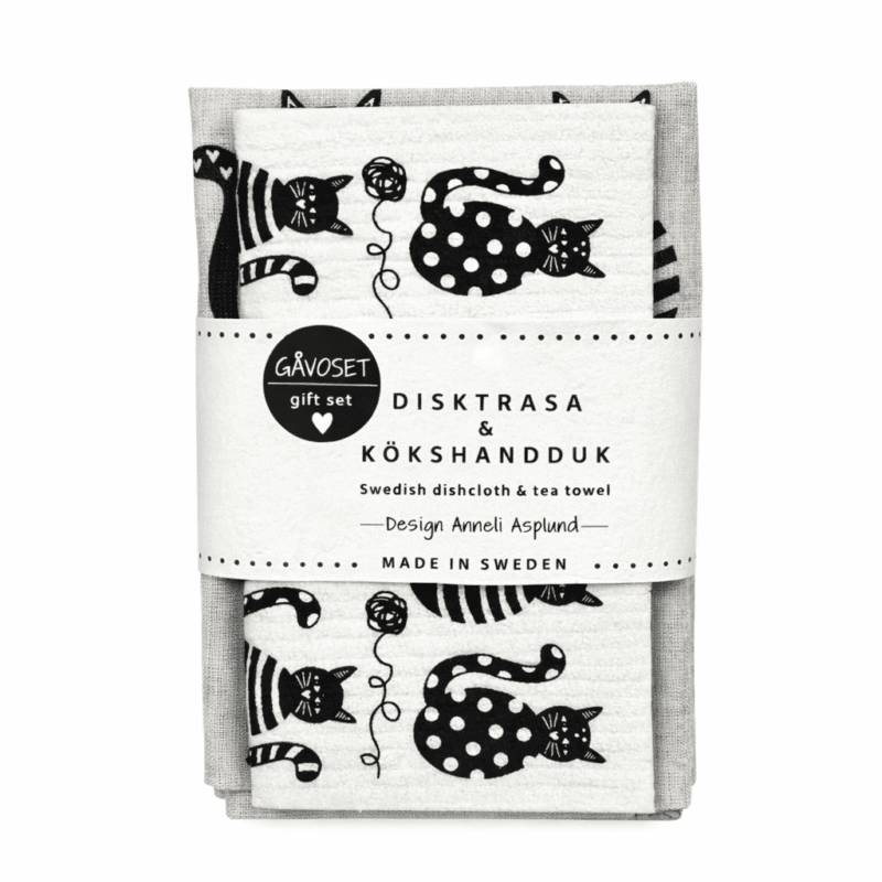 Fint set med kökshandduk i 100% linne och matchande disktrasa i färdig presentförpackning. Anneko Design Sweden, designat och tillverkat i Sverige. 