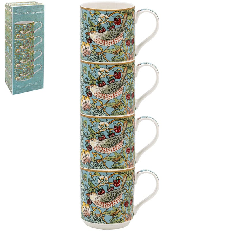 Fyra porslinsmuggar med det vackra William Morrismönstret blue strawberry thief. Praktiskt formade för att vara stapelbara. Höjd 8,5 cm, diameter 8 cm. Tål mikro och diskmaskin. Förpackade i en fin ask.