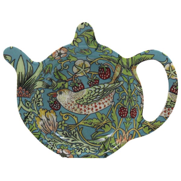 Praktiskt fat i melamin för tepåsen eller tekulan med fint William Morrismönster. Mått 13x10x2 cm (bxhxd).