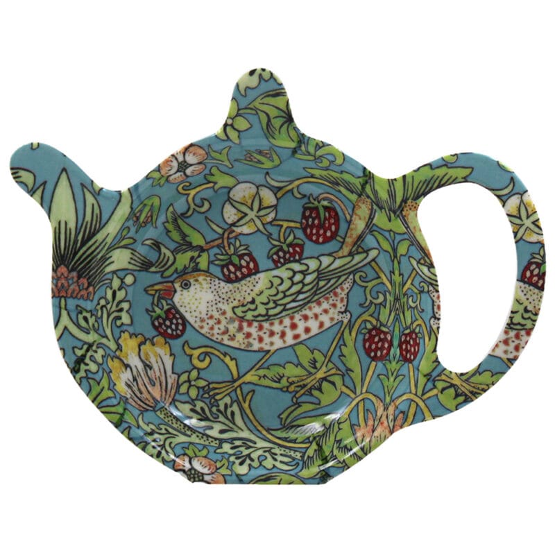 Praktiskt fat i melamin för tepåsen eller tekulan med fint William Morrismönster. Mått 13x10x2 cm (bxhxd).