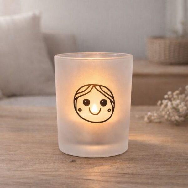 Söt ljuslykta i frostat glas som sprider ett mjukt och varmt sken när ett värmeljus tänds. Diameter5,5 cm, höjd 6,5 cm.