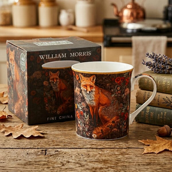 William Morris Wildlife mugg i fine china med detaljrikt djurmotiv. Rymmer 300 ml, tål diskmaskin och mikro. Levereras i dekorativ presentkartong.