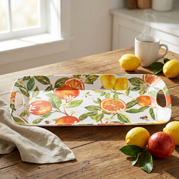 Sandwichbricka med ett fräscht och färgstarkt motiv av apelsiner, citroner, gröna blad och små blommor. Handdisk rekommenderas.