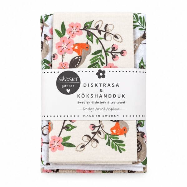 Fint set med kökshandduk och matchande disktrasa i färdig presentförpackning. Anneko Design Sweden, designat och tillverkat i Sverige. 