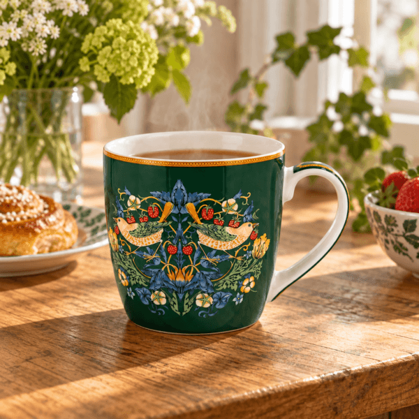 Stor härlig porslinsmugg med det vackra mönstret Strawberry Thief av William Morris. Muggen rymmer ca 4 dl och tål mikro och maskindisk.