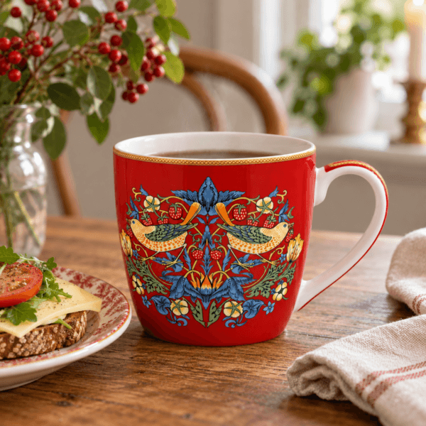 Stor härlig porslinsmugg med det vackra mönstret Strawberry Thief av William Morris. Muggen rymmer ca 4 dl och tål mikro och maskindisk.