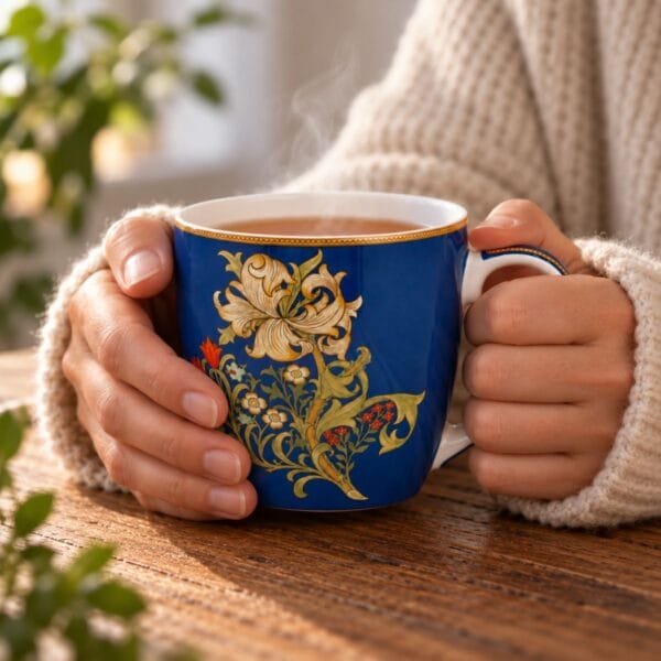 Stor härlig porslinsmugg med det vackra mönstret Golden Lily av William Morris. Muggen rymmer ca 4 dl och tål mikro och maskindisk.