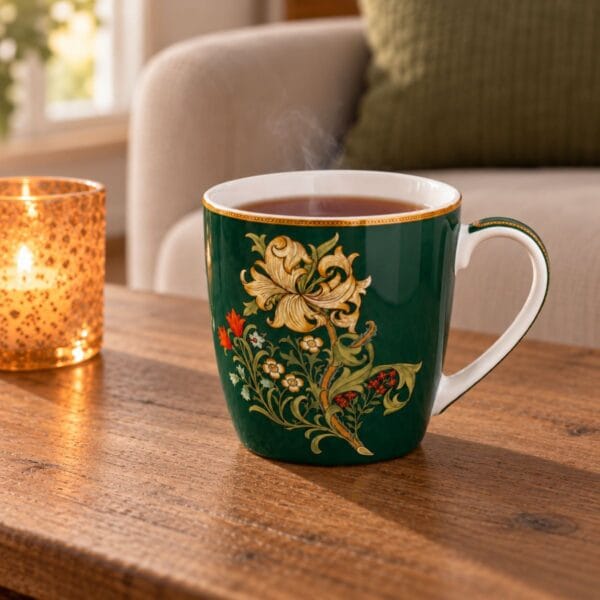 Stor härlig porslinsmugg med det vackra mönstret Golden Lily av William Morris. Muggen rymmer ca 4 dl och tål mikro och maskindisk.