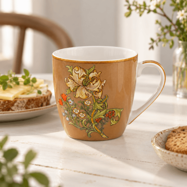 Stor härlig porslinsmugg med det vackra mönstret Golden Lily av William Morris. Muggen rymmer ca 4 dl och tål mikro och maskindisk.