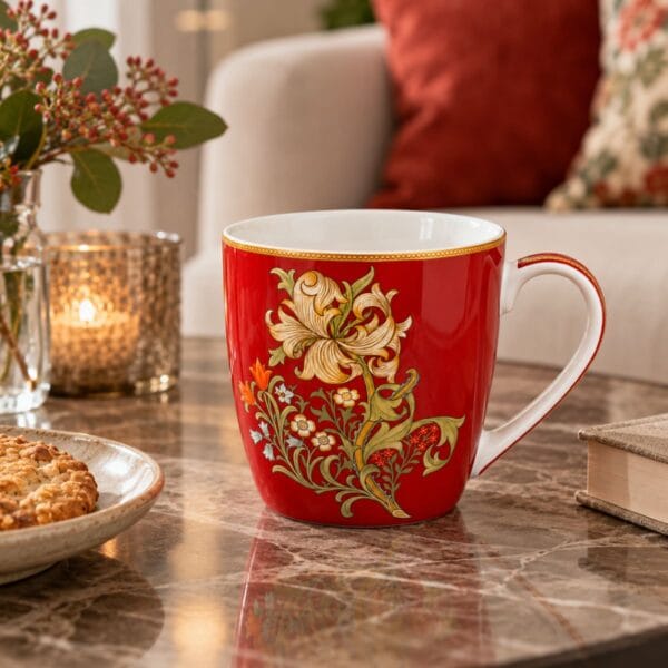 Stor härlig porslinsmugg med det vackra mönstret Golden Lily av William Morris. Muggen rymmer ca 4 dl och tål mikro och maskindisk.