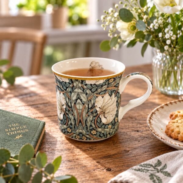 Vacker benporslinsmugg med mönstret Pimpernel av William Morris. Muggen rymmer ca 3 dl och tål mikrovågsugn och maskindisk.