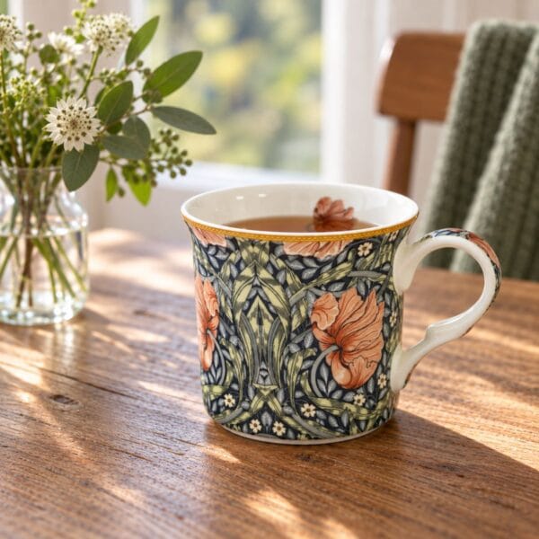Vacker benporslinsmugg med mönstret Pimpernel Blush av William Morris. Muggen rymmer ca 3 dl och tål mikro och maskindisk.